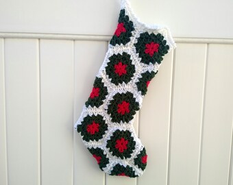 Crocheted Granny Square Christmas Stocking, retro, farmhouse, family set, heirloom, grandma