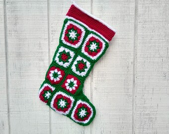 Cuffed Crocheted Granny Square Christmas Stocking in Green and Red