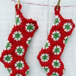 Red, Green & Off-White Crocheted Granny Square Christmas Stocking 16-inch size smaller than standard image 2