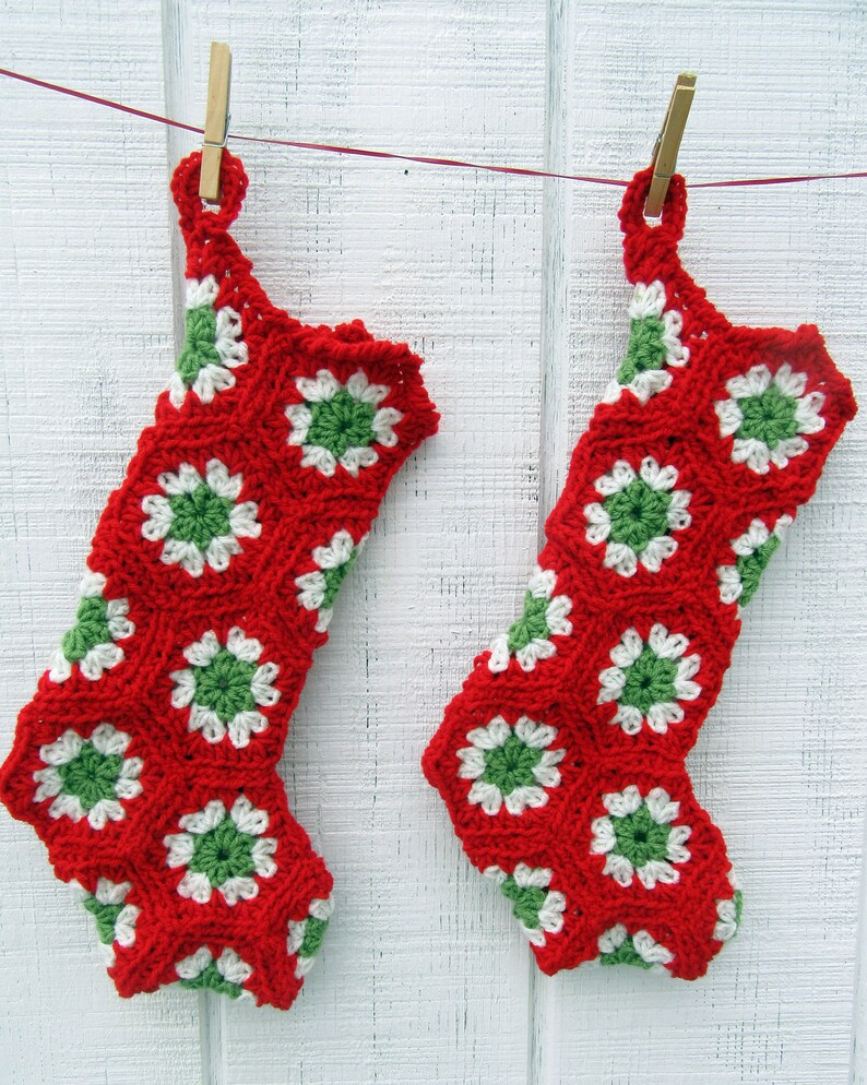 Red, Green & Off-White Crocheted Granny Square Christmas Stocking 16-inch size smaller than standard image 2