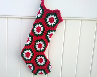 Crocheted Granny Square Christmas Stocking in white, pine green, and red, retro, farmhouse, family set, heirloom, grandma