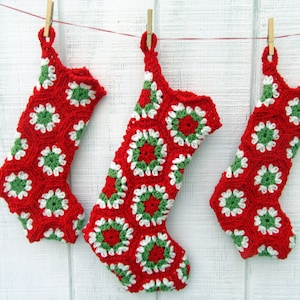 Red, Green & Off-White Crocheted Granny Square Christmas Stocking 16-inch size smaller than standard image 4