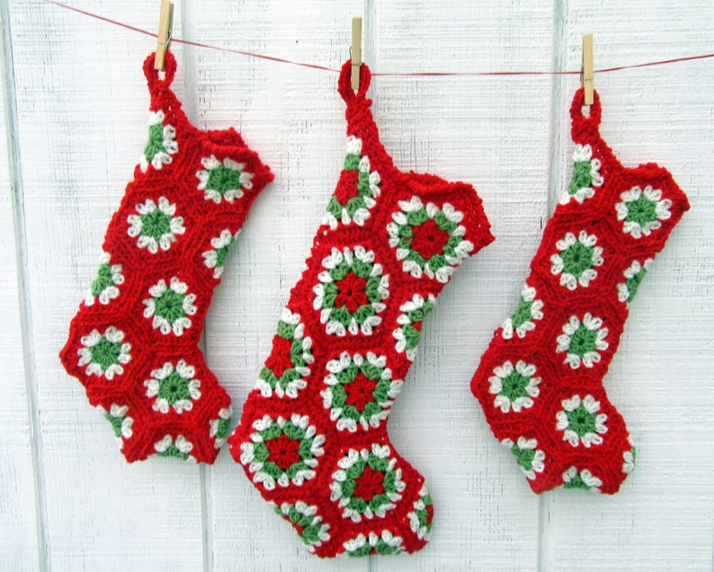 Red, Green & Off-White Crocheted Granny Square Christmas Stocking 16-inch size smaller than standard image 4