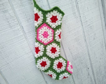 Crocheted Granny Square Christmas Stocking in red, white, sage green, and pink retro, farmhouse, family set, heirloom, grandma