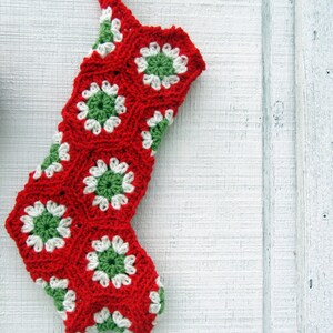 Red, Green & Off-White Crocheted Granny Square Christmas Stocking 16-inch size smaller than standard image 3