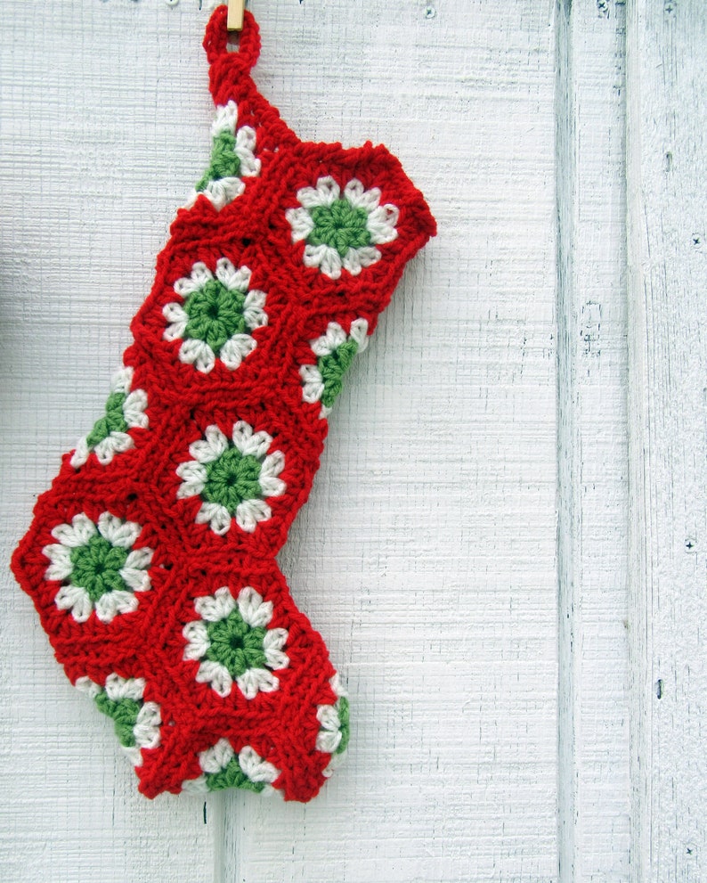 Red, Green & Off-White Crocheted Granny Square Christmas Stocking 16-inch size smaller than standard image 3