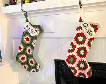 Custom-Made Crocheted Granny Hexagon Christmas Stocking WITH LABEL in your choice of colors