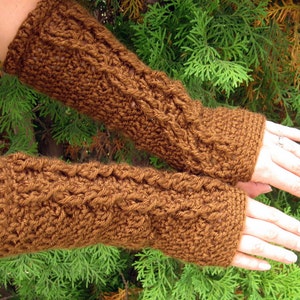 extra soft chocolate brown fingerless gloves with cable decoration