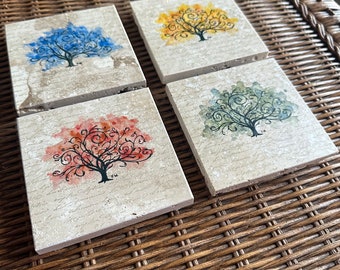 Four Seasons Hand Painted and Stamped Stone Coasters