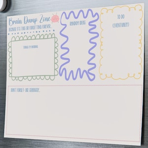 Peut inclure: Un bloc-notes magnétique rectangulaire avec le texte "Brain Dump Zone" et des sections pour "Idées au hasard" et "À faire (éventuellement)". Le bloc-notes est fixé à une porte de réfrigérateur en acier inoxydable avec des aimants colorés.