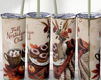 Vaso Club de Nostalgia de Otoño - Vaso estrecho de 590 ml con tapa y pajita, acogedor diseño otoñal, taza vintage de otoño, con diseño de donas y mantas