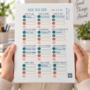 May include: A white ADHD Task Bank planner sheet with teal, red, and light pink circular checkboxes. The document features columns for tasks like I Need To Call, I Need To Email, I Need To Text, Appointments, and Today's Wins, with handwritten text.