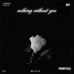Puede incluir: Una imagen en blanco y negro de una sola rosa blanca sobre un fondo negro. El texto "nothing without you" está escrito en blanco en la parte superior de la imagen. El texto "PRODBYSALK" está escrito en blanco en la parte inferior de la imagen.