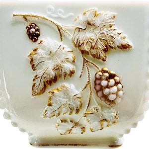 REDUCED Vintage Westmoreland Beaded Grape Milk Glass Dish with Gold Accents – Classic White Collectible Bowl FREE SHIPPING