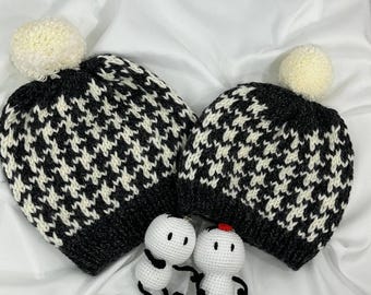 Handmade Houndstooth Knit Beanie, Matching Family Set