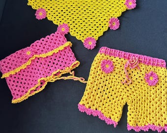 Handmade Crochet Baby Bikini Set, Baby Swimsuit, Baby Beach Outfit, 3 Piece Swim Set, Floral Crochet Swimwear