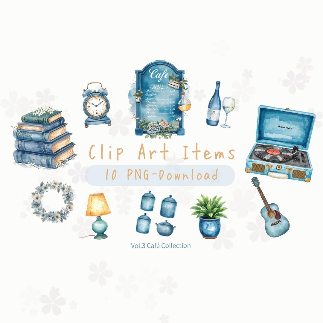 Blue Watercolor Coffee Shop Clipart, Antique Cafe Scene PNG, Vintage ...