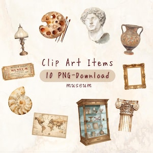May include: Watercolor clip art set featuring museum-themed items. Includes a bust, vase, ticket, shell, map, display cabinet, lamp, palette, brushes, and a decorative frame. The text reads "Clip Art Items 10 PNG-Download museum."