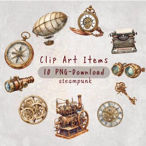 May include: Watercolor clip art items in a steampunk theme. The image includes a compass, airship, pocket watch, typewriter, telescope, gears, goggles, key, clock, and a machine. The text reads "Clip Art Items 10 PNG-Download steampunk".