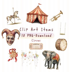 May include: Watercolor clip art set featuring circus elements. Includes a carousel horse, a striped tent, a trumpet, a swing, a jester mask, a drum, a star ornament, a balloon garland, a circus ticket, and an elephant.