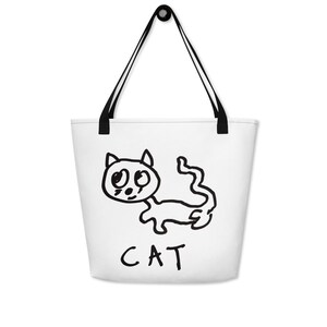 Lofi Cat Tote Bag, Minimalist Black Marker Cat Art with Pocket, Large 16x20 Tote for Kitty Lovers, Students, Pro Nappers, Quirky & Funny
