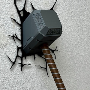 Thor’s Mjolnir Hammer Wall Smash Decor – 3D Printed Wall Art
