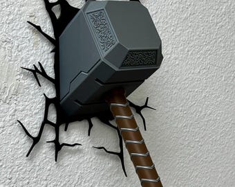 Thor’s Mjolnir Hammer Wall Smash Decor – 3D Printed Wall Art