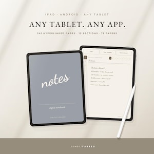 May include: A digital notebook displayed on two tablets with a stylus. The screen shows the text "notes" and "digital notebook" on a gray cover, and a page with "The brain" header, 241 hyperlinked pages, 15 sections, and 72 papers.