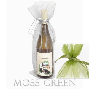 Set of 10 Moss Green Organza Wine Bottle Bags, 6.5 x 15 Inches