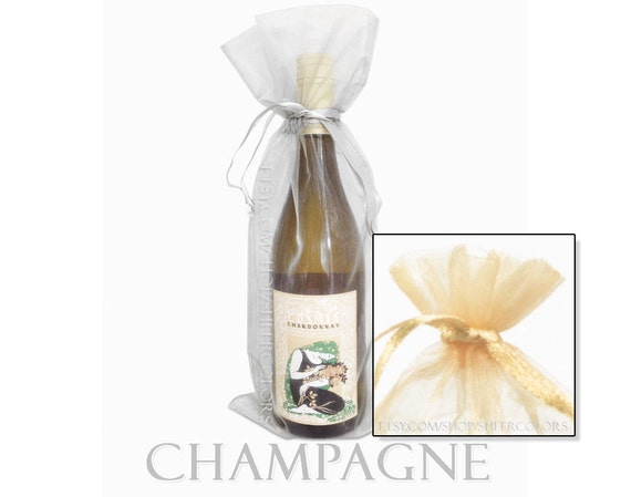 Set of 10 Champagne Organza Wine Bottle Bags, X 15 Inches