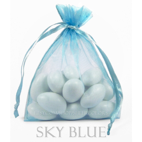 100 Sky Blue Organza Bags, 3 x 4 Inch Sheer Fabric Favor Bags,  For Wedding Favors or Jewelry Packaging