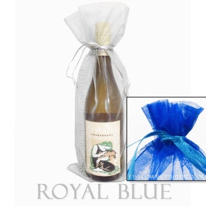 Set of 10 Royal Blue Organza Wine Bottle Bags, 6.5 x 15 Inches