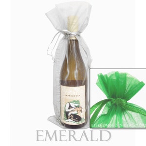 Set of 10 Emerald Organza Wine Bottle Bags, 6.5 x 15 Inches
