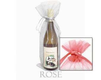 Set of 10 Rose Organza Wine Bottle Bags, 6.5 x 15 Inches