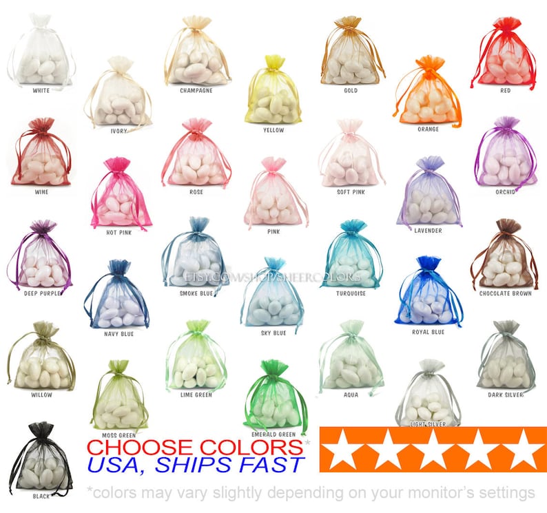 For Wedding Favors Drawstring Jewelry Pouch- Choose Your Color Combo 3 x 4 Inch Sheer Fabric Favor Bags 450 Organza Bags