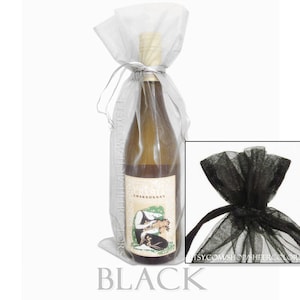 Set of 10 Black Organza Wine Bottle Bags, 6.5 x 15 Inches