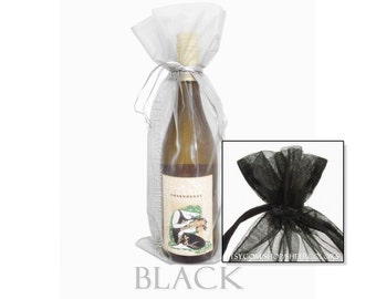 Set of 10 Black Organza Wine Bottle Bags, 6.5 x 15 Inches