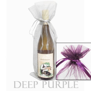 Set of 10 Deep Purple Organza Wine Bottle Bags, 6.5 x 15 Inches