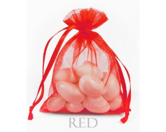 30 Bright Red Organza Bags, 5 x 8 Inch Sheer Fabric Favor Bags