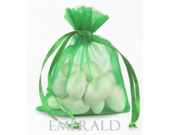 100 Emerald Kelly Green Organza Bags, 3 x 4 Inch Sheer Fabric Favor Bags, For Wedding Favors, Jewelry Pouches
