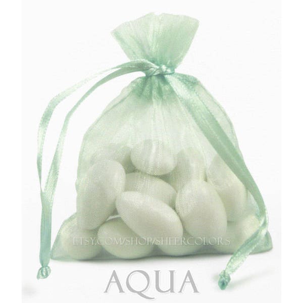 10 Aqua Blue-Green Organza Bags, 5 x 8 Inch Sheer Fabric Favor Bags