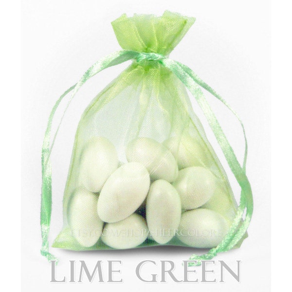 30 Lime Green Organza Bags, 4 x 6 Inch Sheer Fabric Favor Bags, For Wedding Favors, Jewelry Pouches