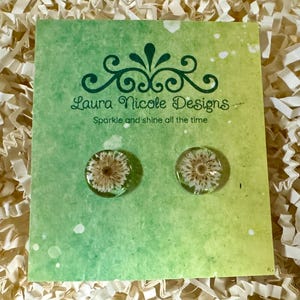 May include: A pair of round stud earrings with a dried flower encased in clear resin. The earrings are displayed on a green and yellow card with the text "Laura Nicole Designs" and "Sparkle and shine all the time".