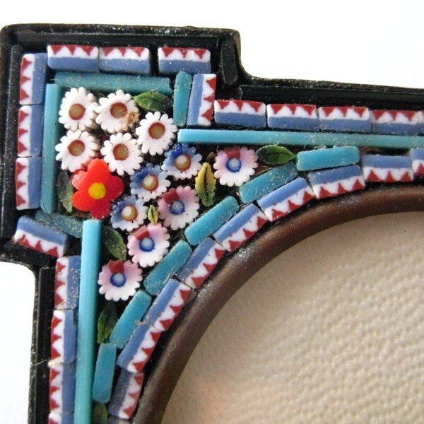 Sale  Vintage Micro Mosaic Frame Blue White Red Flowers