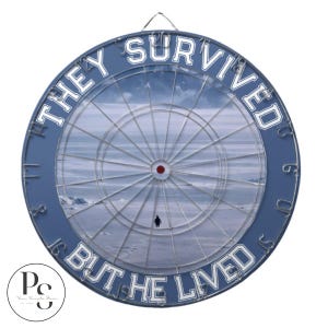 May include: A circular blue dartboard featuring the text "THEY SURVIVED BUT HE LIVED" in white. The centre of the board has a red dot. The background image depicts a penguin in a snowy environment.