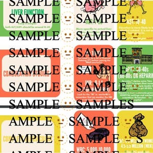 May include: A set of colorful flashcards with the word "SAMPLE" on each card. The cards contain information about liver function, coagulation studies, INR, and other medical terms. The cards are designed to be used for medical education or training.