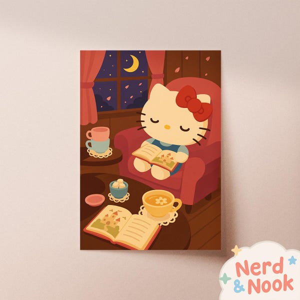 Hello Kitty - Sleeping Sanrio Series Art Print | A3 A4 A5 | Kawaii Girl Poster Decor| Hello Kitty and Crew Illustration | Cute Gamer Gift