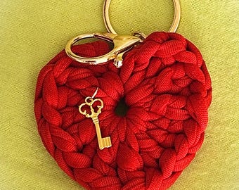 Crochet Heart Keychain with Vintage Key Charm