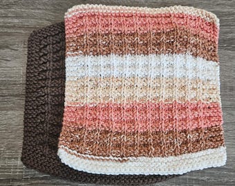 Waffle Stitch Cotton Wash Cloth Hand Knit set of 2- Sedona/brown