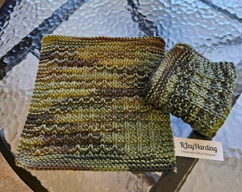 Waffle Stitch Cotton Wash Cloth Hand Knit set of 2-Forest Foliage